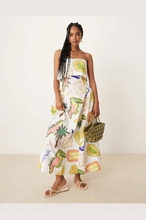 ASOS Fold over bandeau midi dress with godets in tropical conversational print-Multi