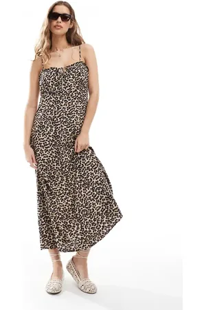 ONLY Midi strap dress in leopard print-Brown
