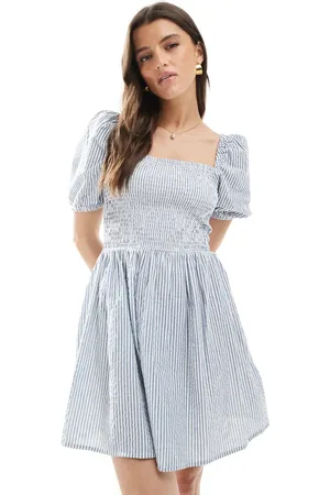 Brave Soul Cotton square neck milkmaid mini dress in blue stripe