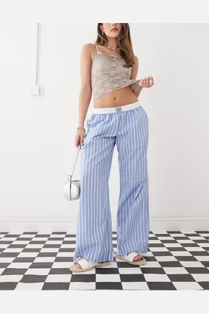 Monki Wide leg pull on pants with foldable waistband in blue and white stripe