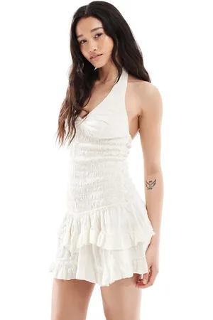 Bershka Tie halterneck shirred frill detail mini dress in -Neutral