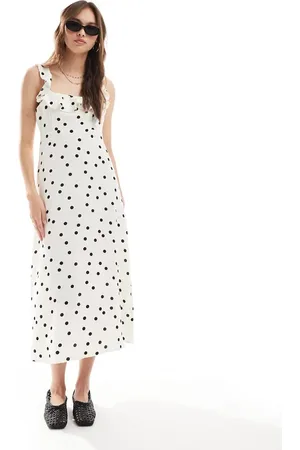New Look Ruffle sleeve cami midi dress in cream spot-White