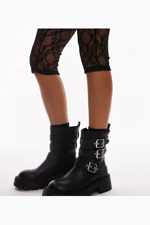 Topshop Wide Fit Luke chunky biker boots with buckle detail in