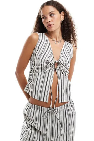 COLLUSION Stripe woven look shirred vest top with tie side (part of a set)