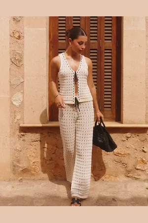 The Frolic X Lydia Kara exclusive crochet contrast thread trim wide leg beach pants in (Part of a set)-White