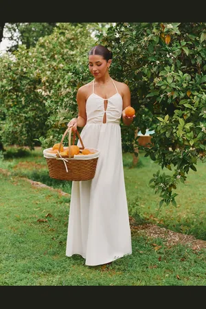 The Frolic X Lydia Kara exclusive linen-look halterneck keyhole detail maxi dress in