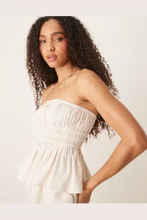 ASOS Belle beach shirred bandeau with linen in plain-Neutral