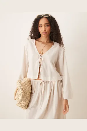 ASOS Belle linen-blend tie-front beach top in -Neutral
