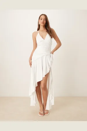 Bardot Halter neck asymmetric midaxi dress in white