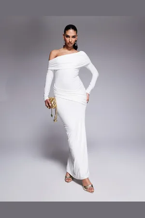 Missyempire Missy Empire double sculpted slinky asymmetric fold over shoulder drape detail bodycon maxi dress in