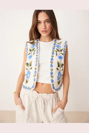 Y.A.S Festival boho floral embroidered open waistcoat in cream and blue-Multi