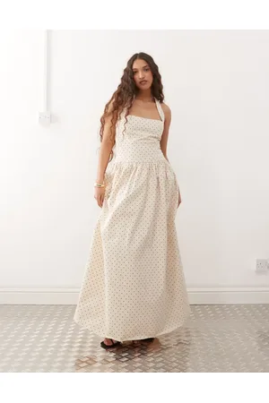 Amy Lynn Square halter neck maxi dress in cream polka dot-White