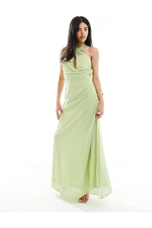TFNC Asymmetric maxi dress with drape scarf detail in lime-Green