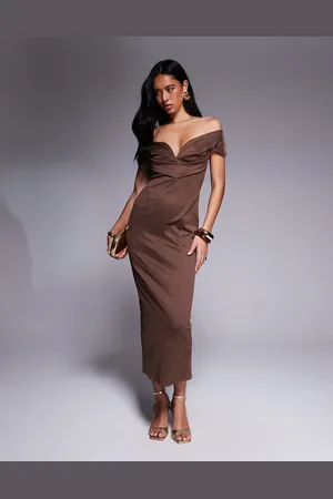 ASOS Sculpted bardot midi pencil dress with seam detailing in -Brown