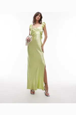 Topshop Ruffle shoulder satin slip dress in deep -Green
