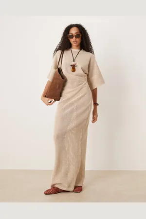 ASOS Crochet t-shirt tuck midi dress in -Neutral