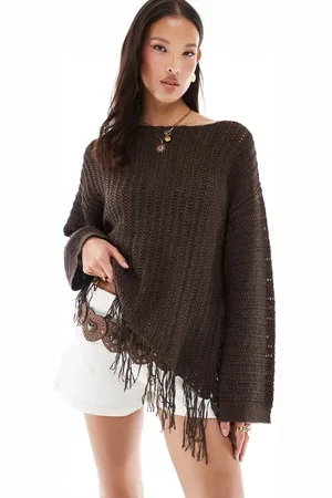 ASOS Knitted crochet slouchy one shoulder fringe jumper in -Brown