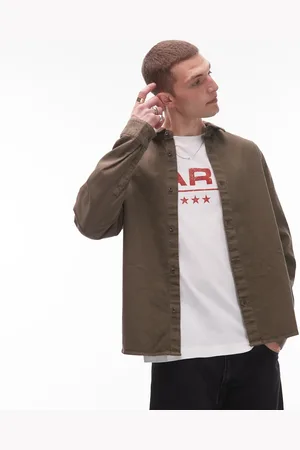 Topman Long sleeve washed canvas overshirt in -Green