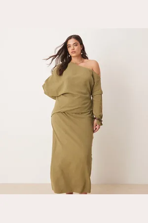 ASOS ASOS DESIGN Curve linen asymmetric fallen shoulder long sleeve midi dress in -Green