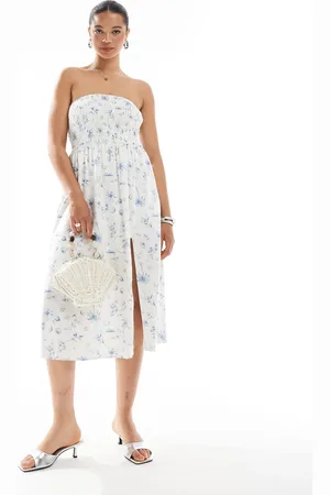 Hollister Strapless drop waist panelled midi dress in blue floral print