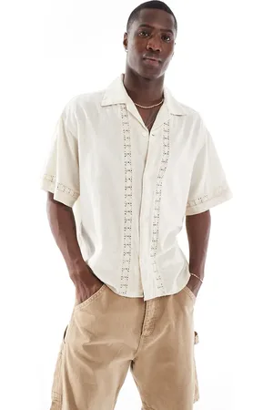 JACK & JONES Revere collar shirt with floral applique in cream-White
