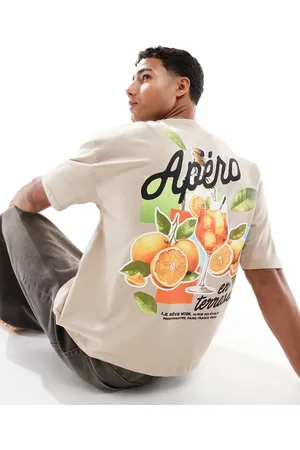 ASOS Boxy oversized t-shirt with drink graphic in beige-Neutral
