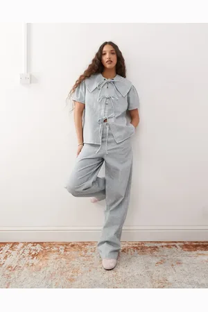 Reclaimed Pinstripe baggy wide denim jeans in light blue stripe (part of a set)