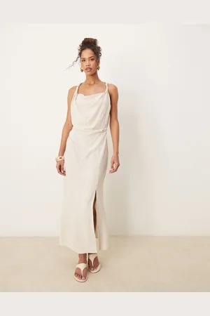 ASOS Linen twist shoulder detail midi dress with ruching in -Yellow