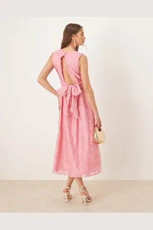 Y.A.S Rope embroidered, bow back detail midi dress in pink