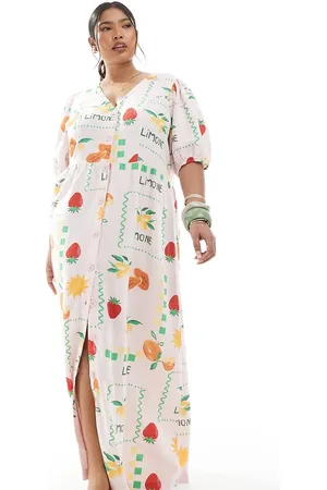 Pieces® PIECES Curve puff sleeve button front maxi dress in pale -based fruit print