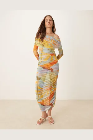 Never Fully Dressed Ruched mesh midaxi dress in mixed print-Green
