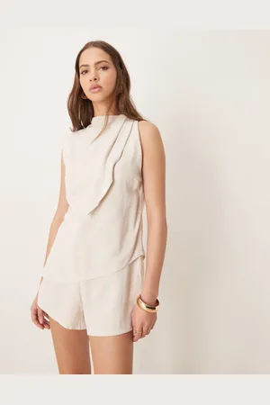 ASOS Linen double layer neck tie detail playsuit in -Neutral