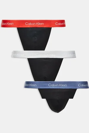 Calvin Klein Icon Cotton Stretch 3 pack of lingerie thongs in black with red/blue waistbands