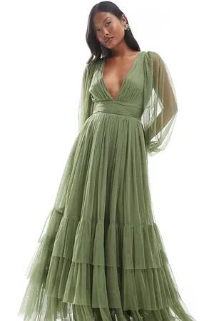 Lace & Beads Bridesmaid Madison long sleeve maxi dress in -Green