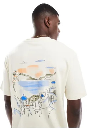 JACK & JONES Oversized heavyweight t-shirt with mykonos print in cream-White