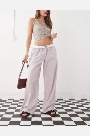 Monki Wide leg pull on pants with foldable waistband in stripe