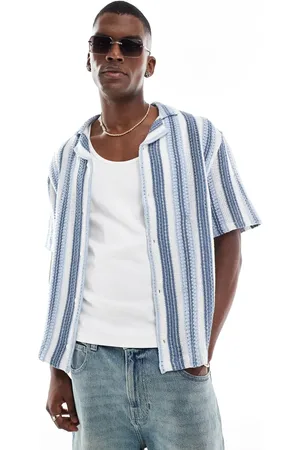 Hollister Short sleeve crochet contrast stripe shirt in stripe-Neutral