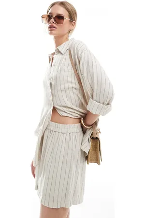 Pieces® Linen touch shorts in birch cream and black stripe (part of a set)
