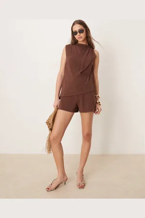 ASOS Linen double layer neck tie detail playsuit in -Yellow