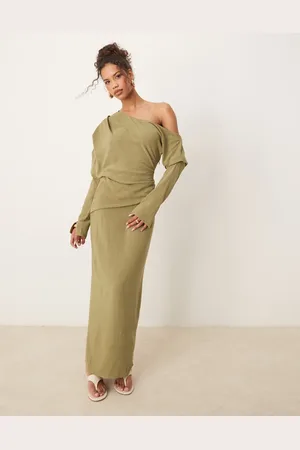 ASOS Linen asymmetric fallen shoulder long sleeve midi dress in -Green