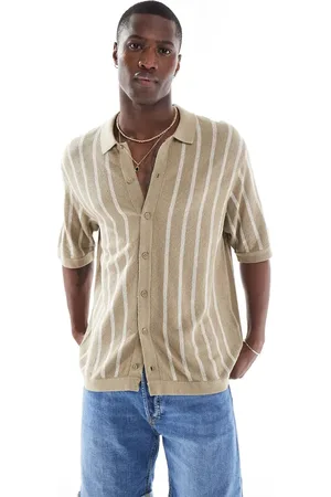 JACK & JONES Button through knitted polo in beige stripe-Neutral