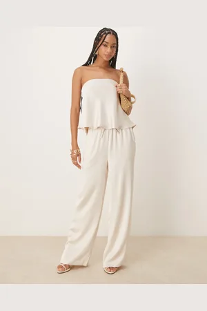 Six Stories Tie waist wide leg satin pants in (part of a set)-White