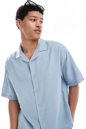 Pull&Bear Linen rich revere neck shirt in petrol