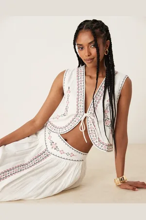 Threadbare Cotton woven tie waistcoat with embroidery in (part of a set)-White