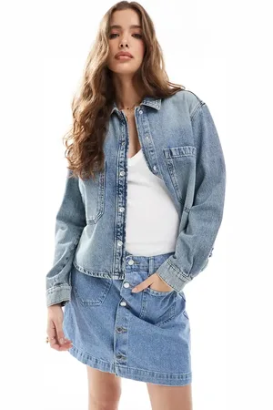 ONLY Front pocket oversized denim shirt in light blue