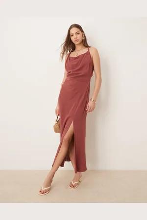 ASOS Linen twist shoulder detail midi dress with ruching in -Red