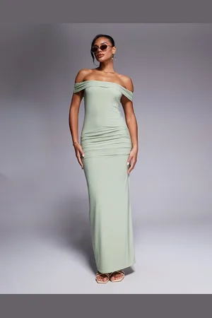 Kaiia Exclusive slinky bardot gathered waist detail maxi dress in sage-Navy