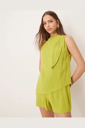 ASOS Linen double layer neck tie detail playsuit in lime green
