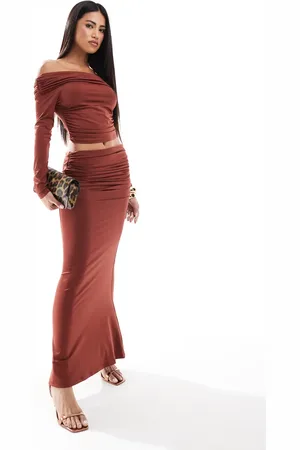 Aria Cove Slinky ruched column maxi skirt in (part of a set)-Orange