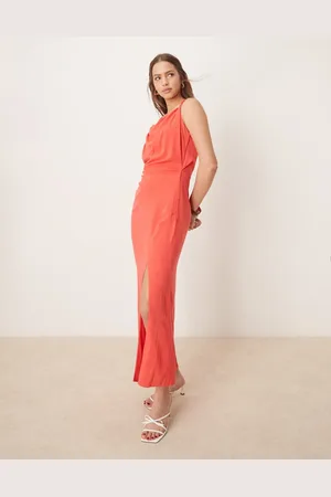 ASOS Linen twist shoulder detail midi dress with ruching in -Blue